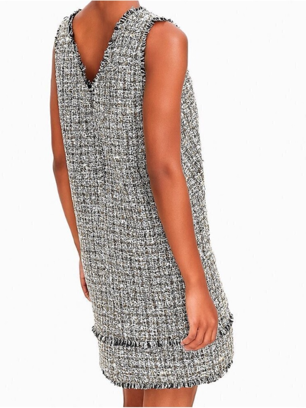 NEW LOFT Blue Gold Metallic Tweed V-Neck Size 14 Mini Dress Sleeveless Fringe - Picture 2 of 10